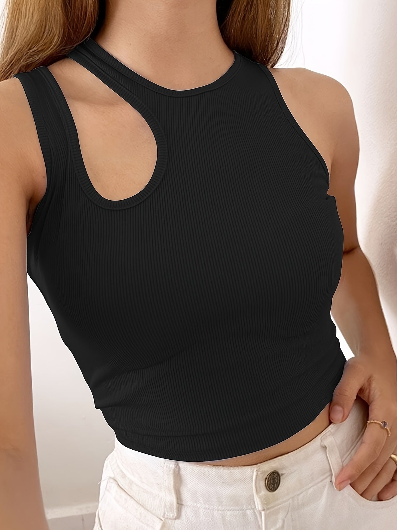 Solid Tank Top Hollow Out Asymmetric Straps Top Women's Lingerie