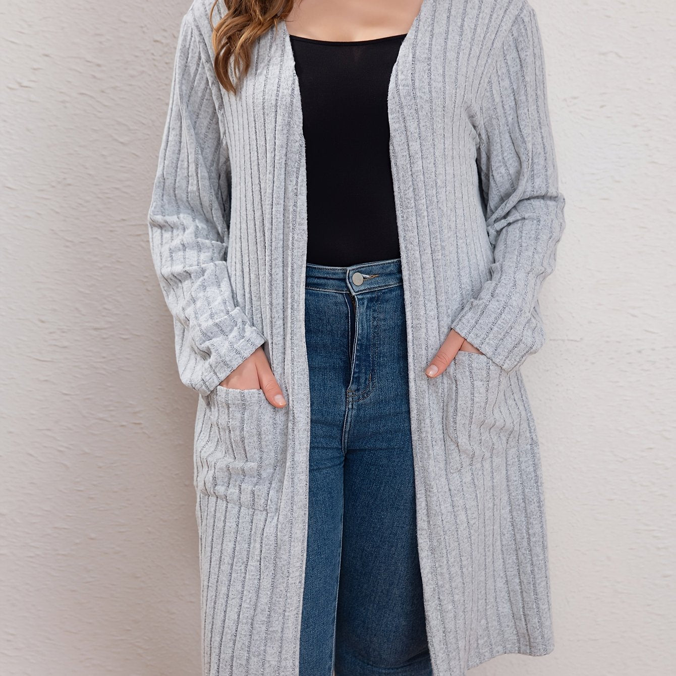 Casual Cardigan Women's Plus Solid Long Sleeve Open Front Cardigan