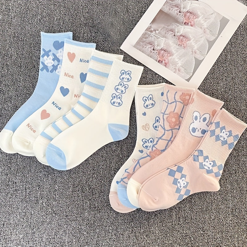 8 Pairs Cute Cartoon Bunny Crew Socks for Women