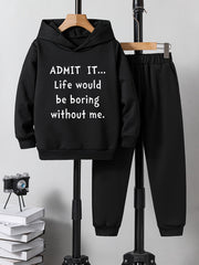 Boys Hoodie & Sweatpants 2pcs LIFE WOULD BE BORING Print Casual Kids Clothes