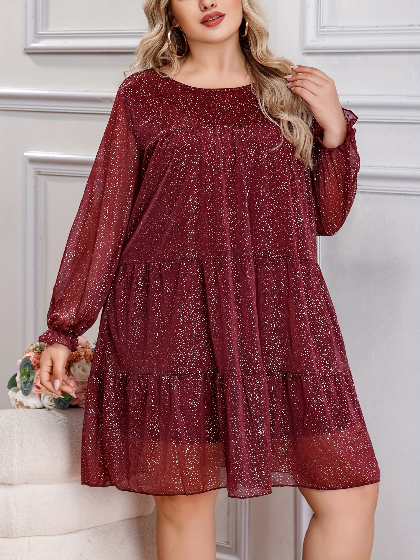Women's Plus Glitter Flounce Sleeve Mesh Mini Dress