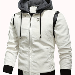 Men's Slim Fit Winter Splice Pu Leather Hooded Jacket Coat