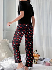 Lips Print Pajama Set Short Sleeve Top & Pants Women's Sleepwear