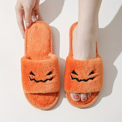Women's Pumpkin Embroidery Slippers Plush Home Shoes Halloween Slippers