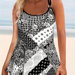 Boho Tankini Set Women's Plus Colorblock Paisley Print Round Neck