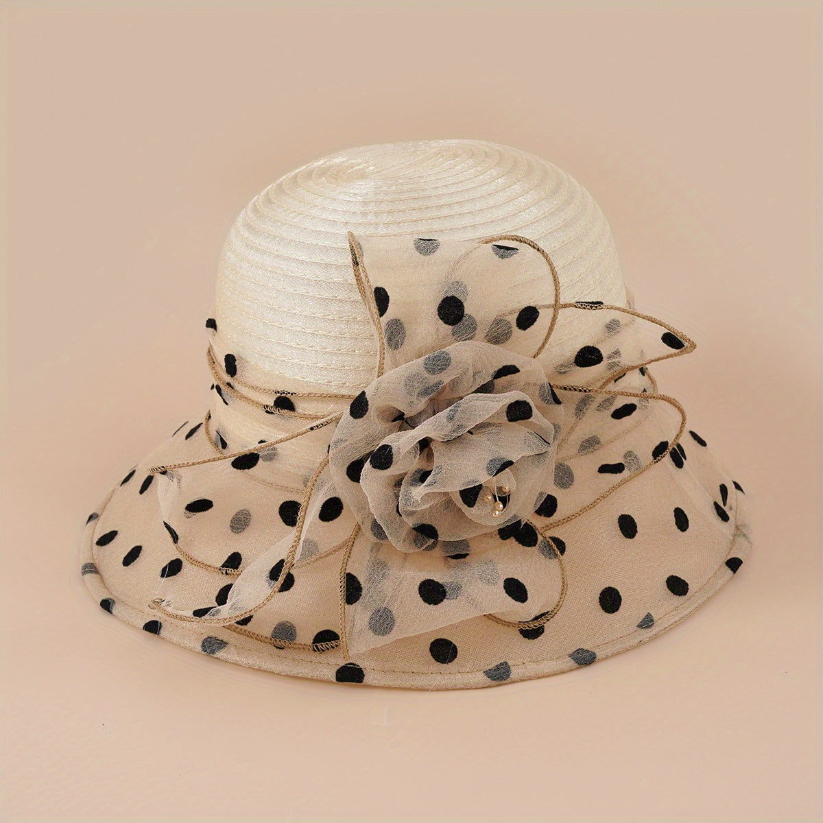 Polka Dot Organza Derby Hat French Mesh Flower Sun Hat Solid Church Hat