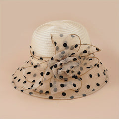 Polka Dot Organza Derby Hat French Mesh Flower Sun Hat Solid Church Hat