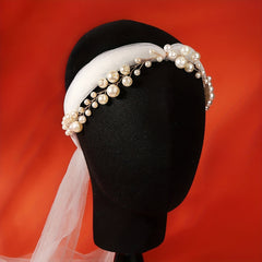 Mesh Long Headband With Faux Pearl Bridal Hair Band