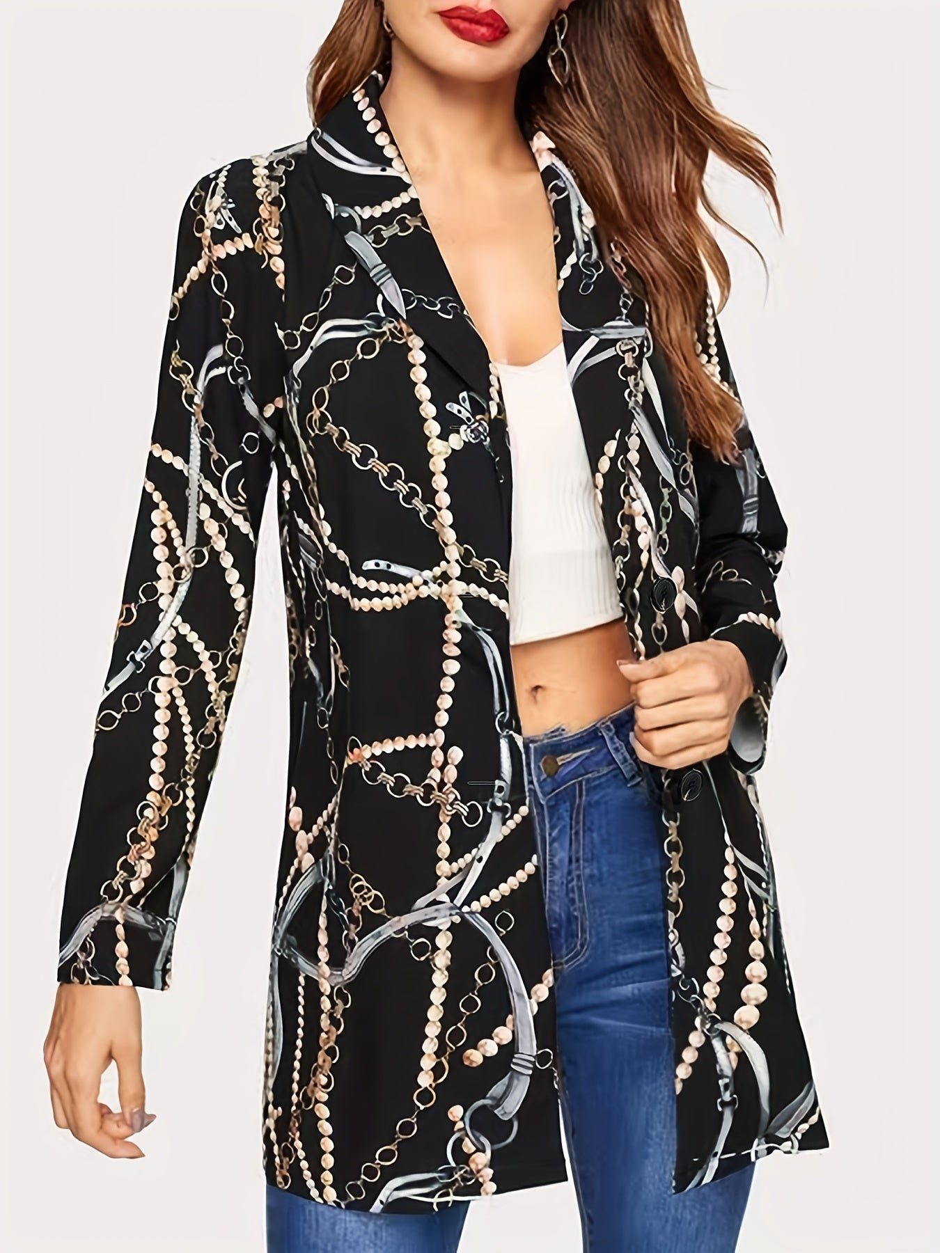 Graphic Print Single Breasted Blazer Casual Long Sleeve Blazer