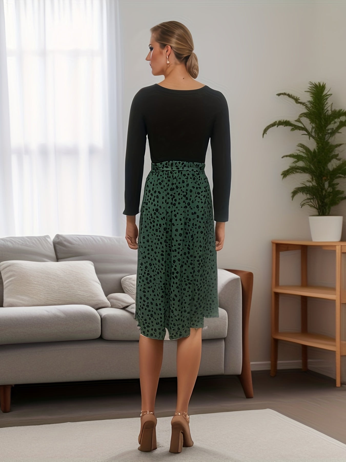 Casual Daily 2pc Set Crew Neck Long Sleeve Tops & Dalmatian Print Skirts