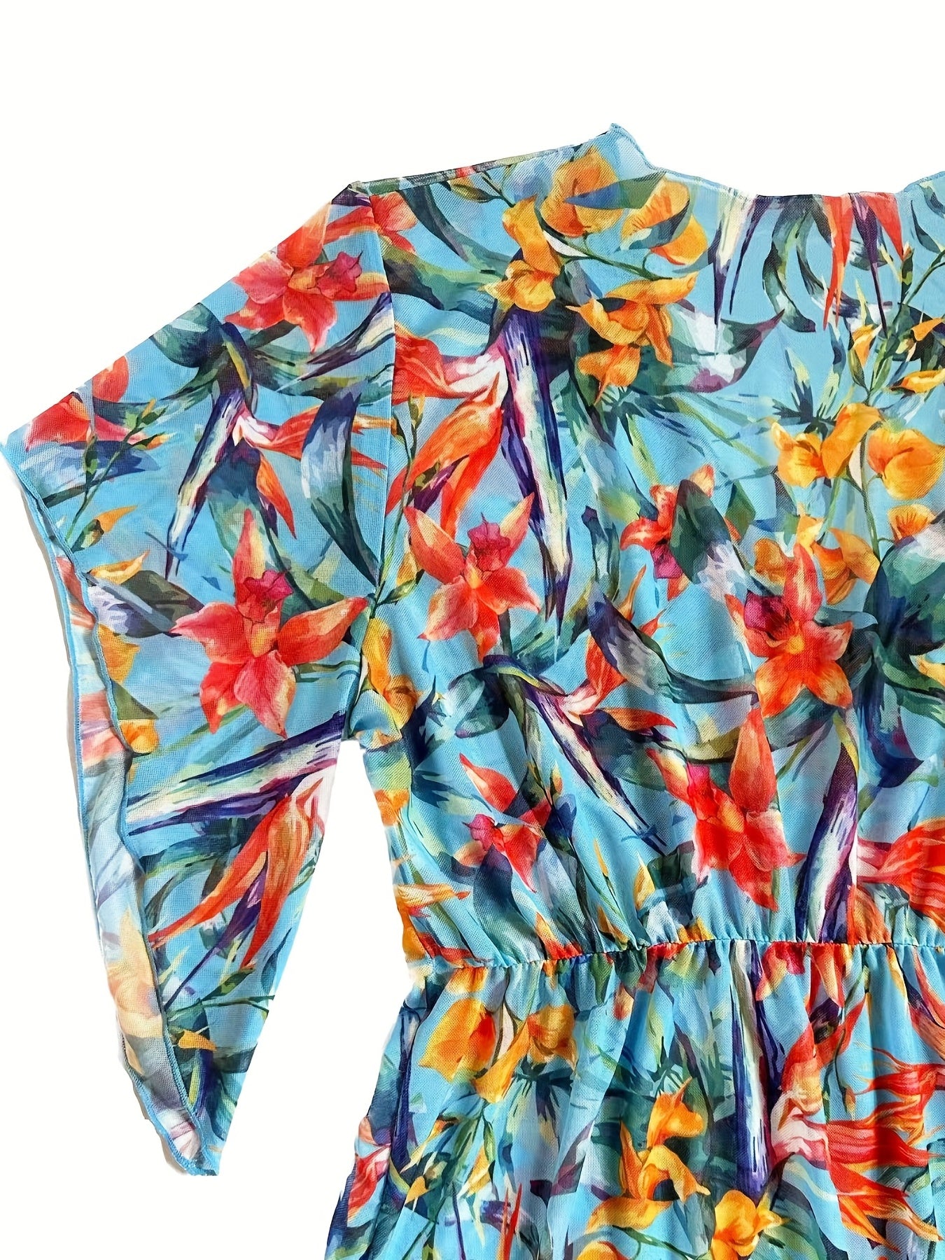 Tropical Print Cover Up Drawstring V Neck