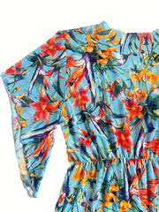 Tropical Print Cover Up Drawstring V Neck