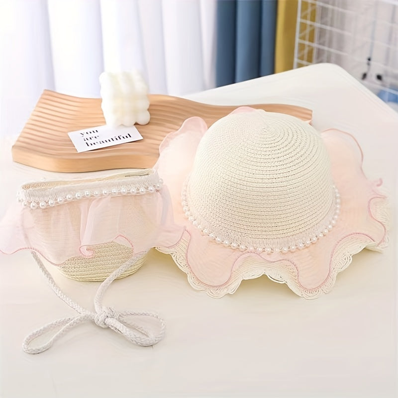 Girls Mesh Pearl Decor Lace Trim Straw Hat Sun Protection Cap & Straw Bag Set