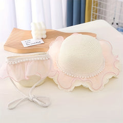 Girls Mesh Pearl Decor Lace Trim Straw Hat Sun Protection Cap & Straw Bag Set