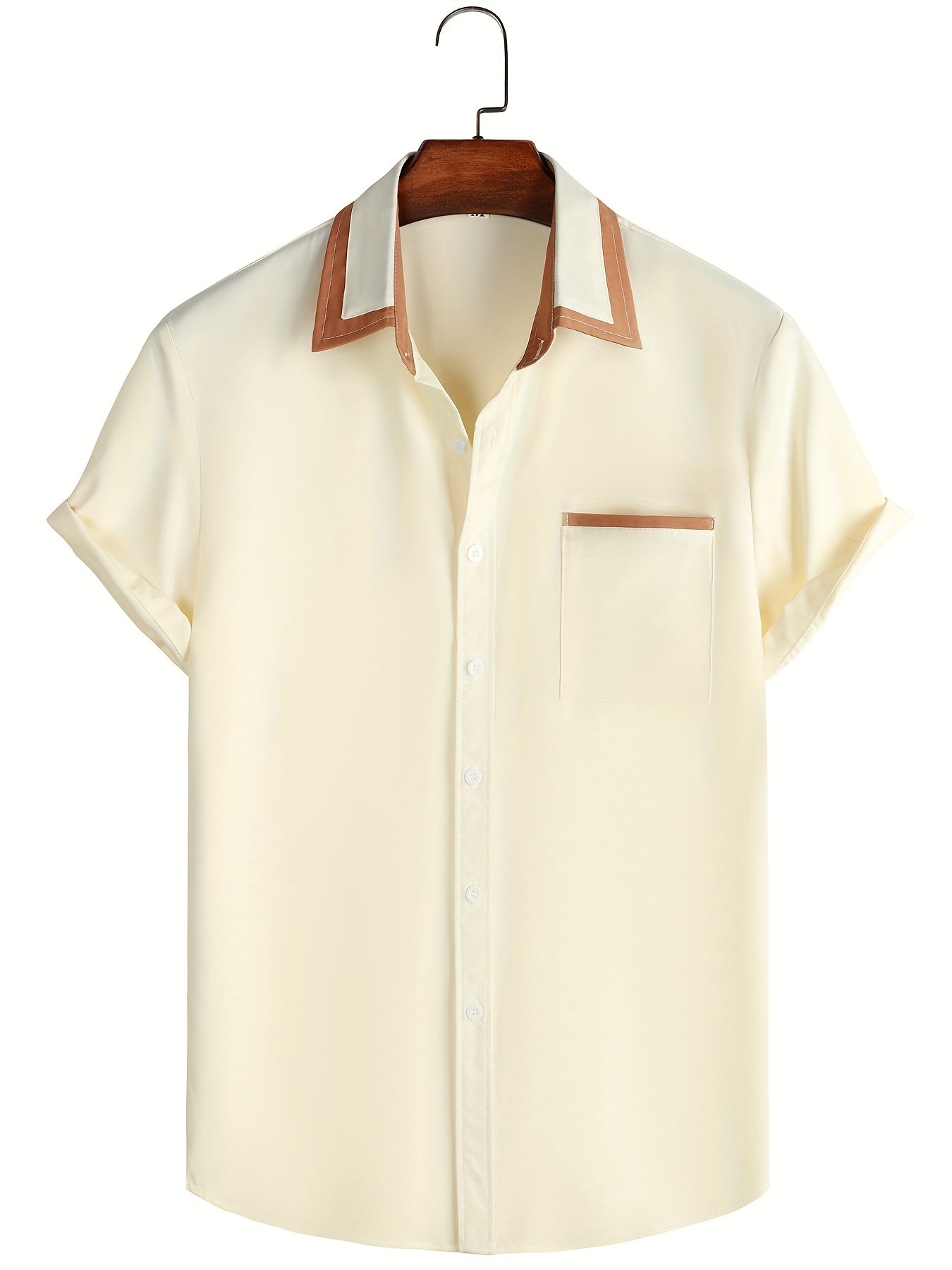 Men's Short Sleeve Button Up Shirt, Chest Pocket, Contrast Lapel