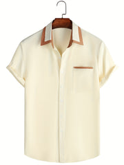 Men's Short Sleeve Button Up Shirt, Chest Pocket, Contrast Lapel