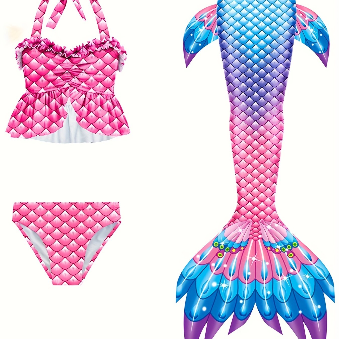 3pcs Mermaid Swimsuit Set & Tail in Tie Dye Fish Scale