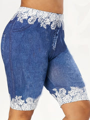 Casual Shorts Women's Plus Floral & Denim Print Shorts