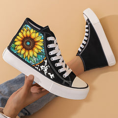 Flower Print Chunky Canvas Sneakers High Top Skate Shoes