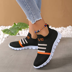 Women's Breathable Slip-On Sneakers LOVE Pattern Stripe Elastic Outdoor Shoes