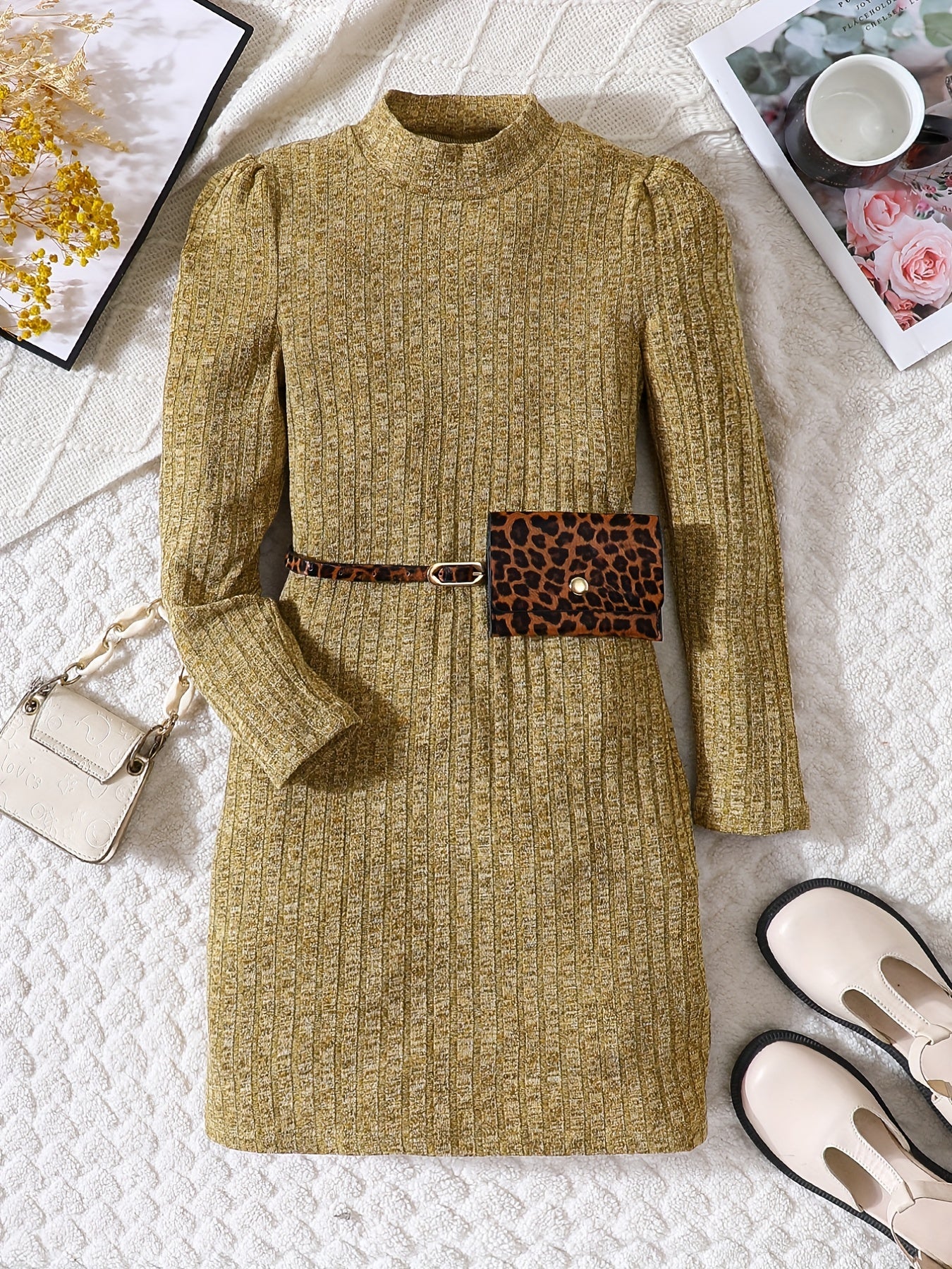 Girls' Stand Collar Knitted Dress Holiday Party Outfit