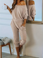 2 Piece Set Solid One Shoulder Top & Pants Outfits