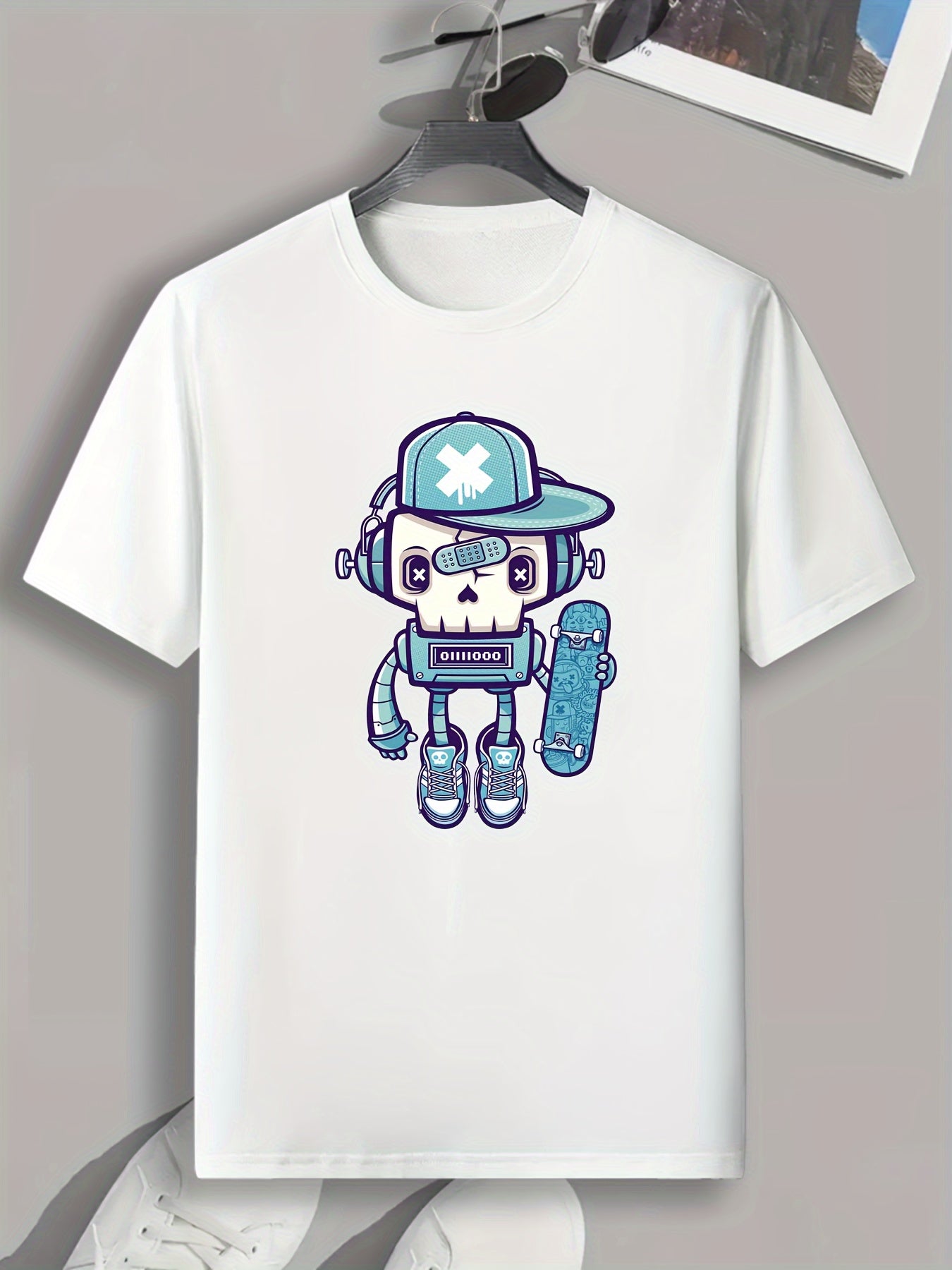 Cartoon Robot Pattern Print Men's Comfy Sports T-shirt Graphic Tee