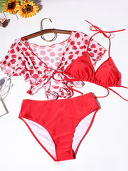 Strawberry Print Swimsuit Set High Stretch 3pcs Set