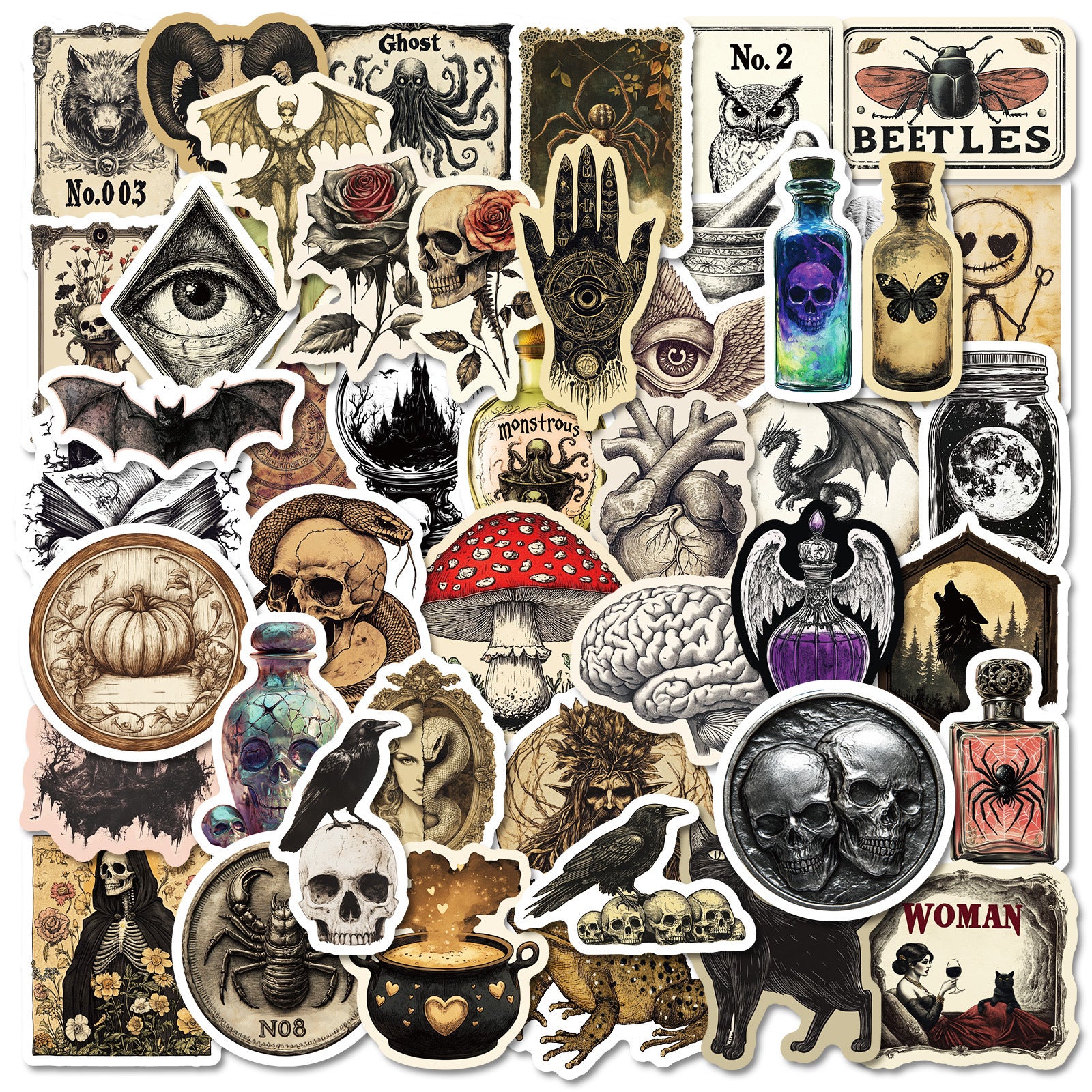 50pcs Vintage Goth Stickers Waterproof Vinyl Decals Skull Mushroom Bat Dragon