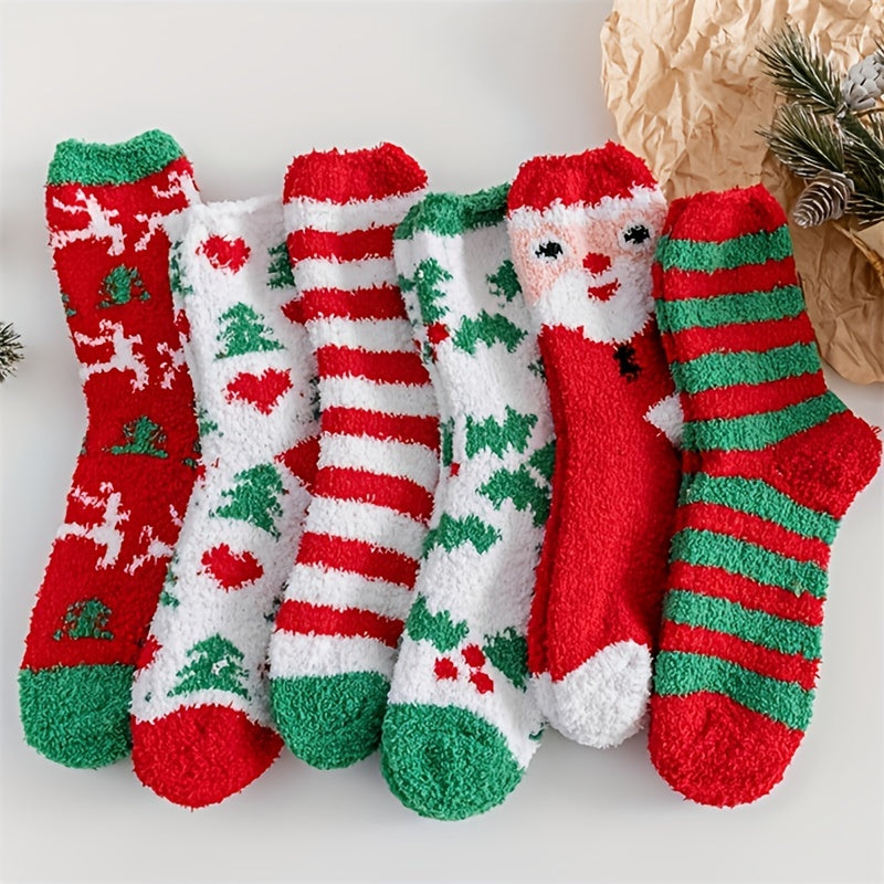 6 Pairs Cartoon Christmas Print Socks Comfy & Fuzzy Warm Stockings