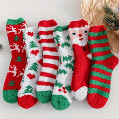6 Pairs Cartoon Christmas Print Socks Comfy & Fuzzy Warm Stockings