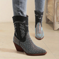 Women's Rhinestone Chunky Boots Embroidered Western Slip-On Dress Boots