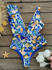 Lemon Print Ruffle Trim One Piece Swimsuit Deep V Neck Bathing Suit