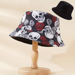 Skull Rose Print Sunshade Bucket Hat for Outdoor Travel