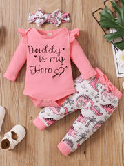 3pcs Daddy Is My Hero Romper & Dinosaur Pants & Hairband