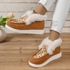 Sunflower Print Furry Snow Boots Plush Lined Warm Loafers