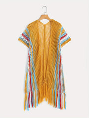 Open Knit Tassel Cover Up Short Sleeve Beach Cover Up Women's Swimwear