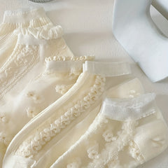 Floral Print & Mesh Ruffle Ankle Socks