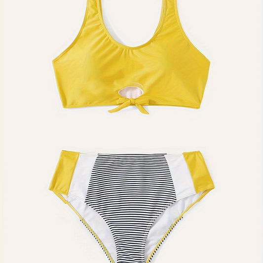Knot Front Tank Bra & Striped Panty Swimsuit Set