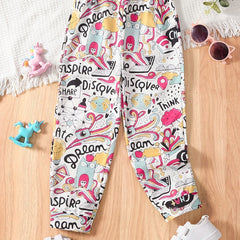 Girls Graffiti Cartoon Allover Sweatpants Elastic Waist Jogger Pants