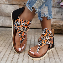 Skull Pattern Cross Strap Cutout Thong Sandals for Women