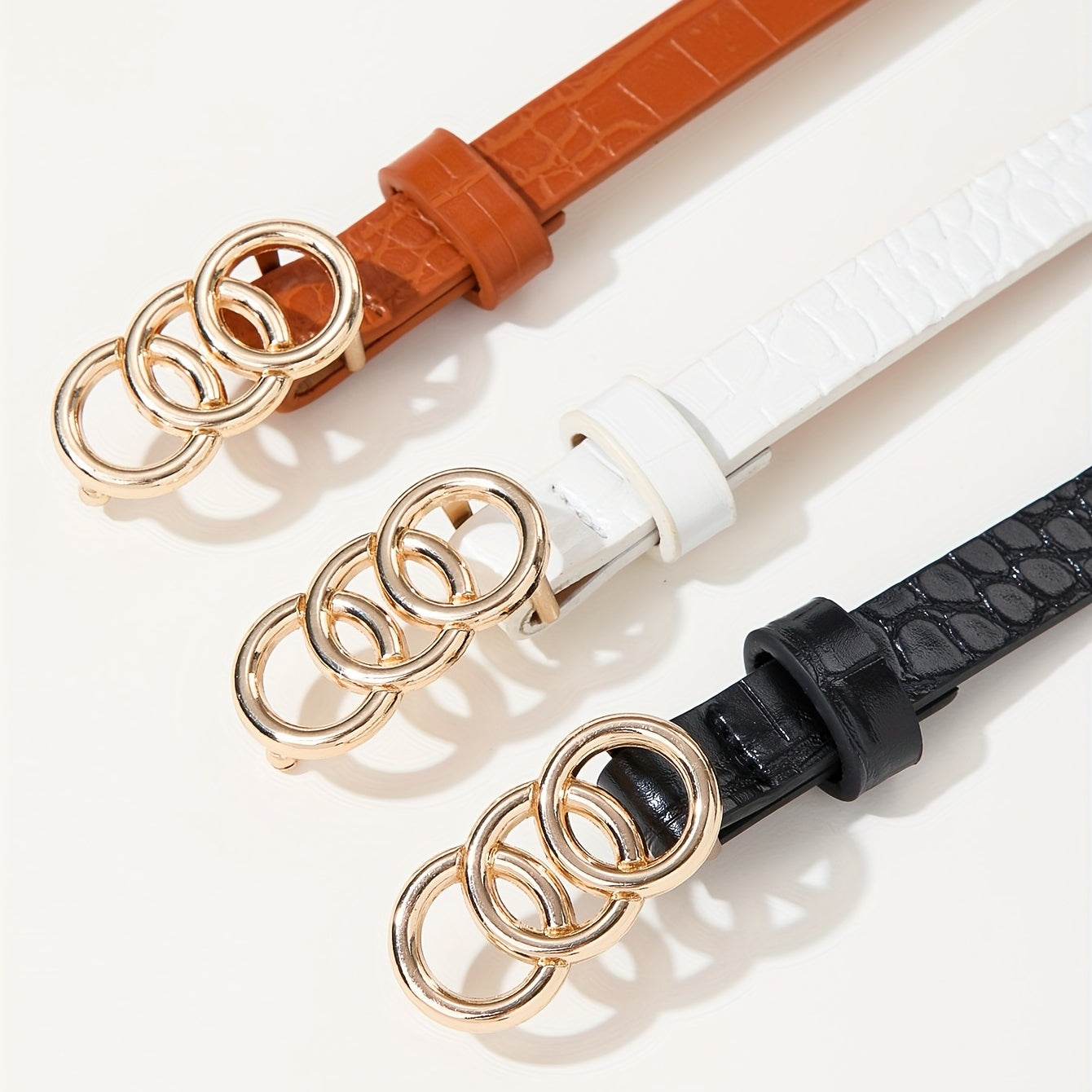 Crocodile Embossed Triple O Ring Buckle Belt Set