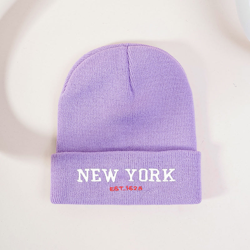 Solid Vintage Embroidered Knit Hat 'NEW YORK'