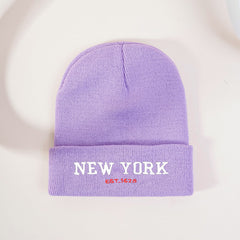 Solid Vintage Embroidered Knit Hat 'NEW YORK'