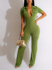 Casual Zip Front Solid Short Sleeve Jumpsuit Women's Clothing