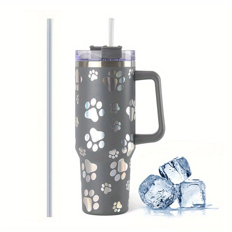 40oz Insulated Cat Paw Print Coffee Mug with Handle and Straw