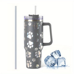 40oz Insulated Cat Paw Print Coffee Mug with Handle and Straw