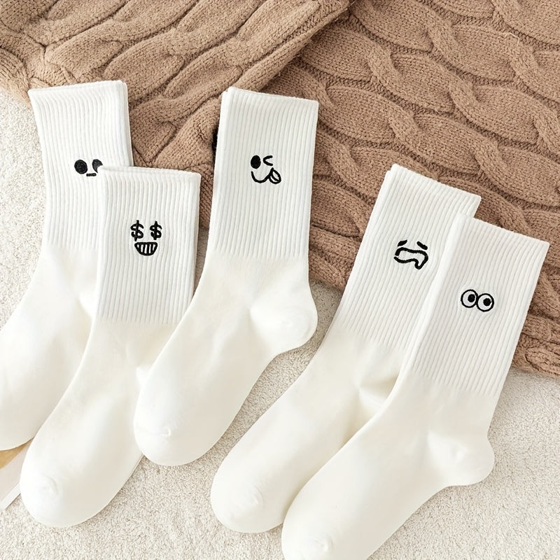 5 Pairs Expression Print Socks Comfy & Breathable Mid Tube Socks