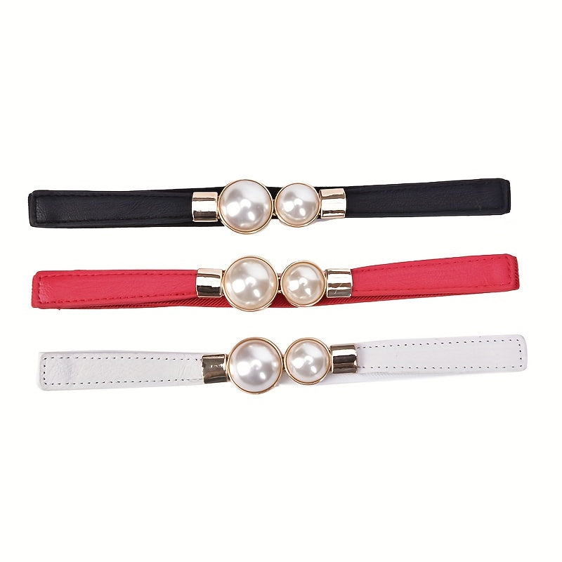 Faux Pearl Button Skirt Belt Elastic Waistband