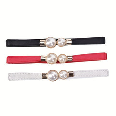 Faux Pearl Button Skirt Belt Elastic Waistband